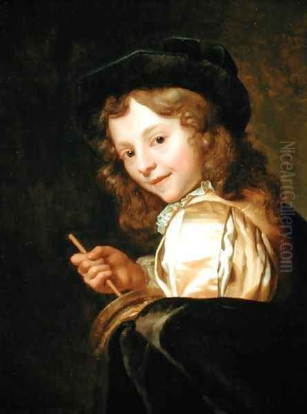 Portrait of a Boy Playing Rommelpot Oil Painting by Godfried Schalcken