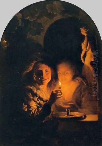 Lovers Lit by a Candle Oil Painting by Godfried Schalcken