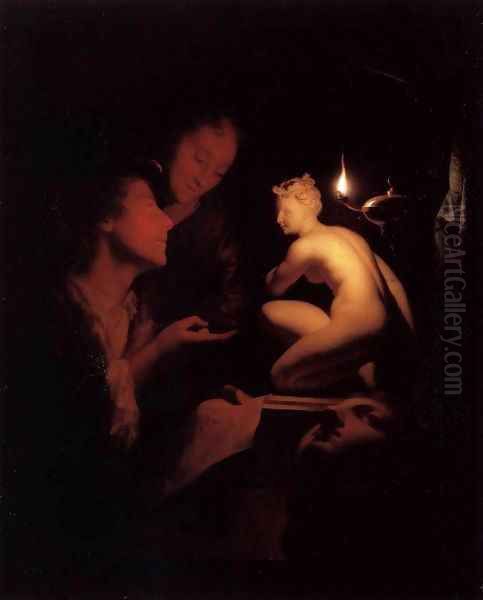 Artist and Model Looking at an Ancient Statue by Lamplight Oil Painting by Godfried Schalcken