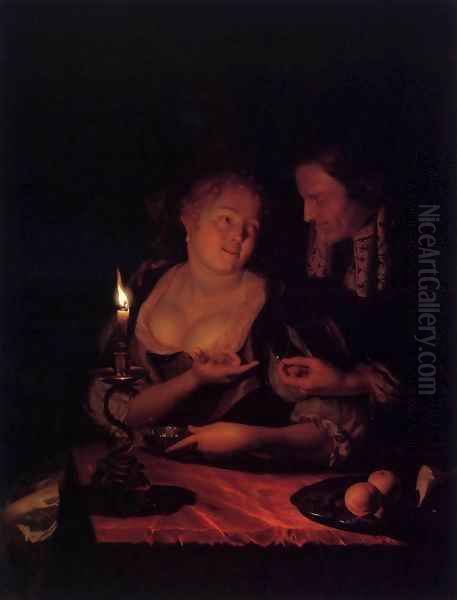 Gentleman Offering a Lady a Ring in a Candlelit Bedroom 1698 Oil Painting by Godfried Schalcken