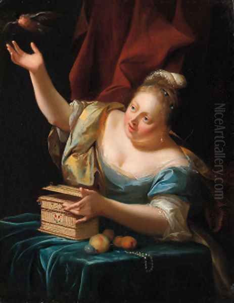 A woman, seated by a table in fancy costume, freeing a songbird from its cage Oil Painting by Godfried Schalcken