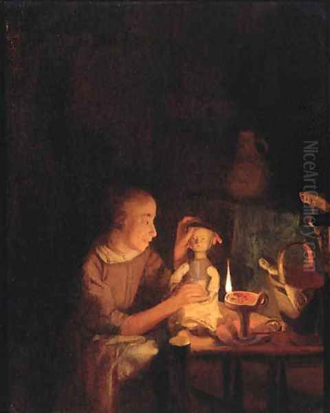 A young girl playing with her doll at a table, in an interior by candlelight Oil Painting by Godfried Schalcken