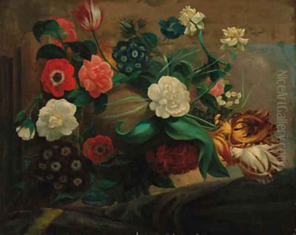 Parrot tulips, anemonies, narcissae, convulvulae, auriculars, rosebuds and other flowers in an urn on a stone ledge Oil Painting by Godfried Schalcken