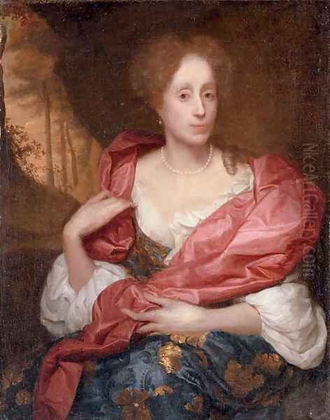 Portrait of a lady, three-quarter-length, in a blue dress with gold embroidery and a red shawl, seated in a landscape Oil Painting by Godfried Schalcken