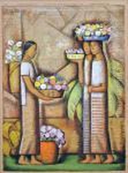 Three Women With Baskets Of Flowers Oil Painting by Alfredo Ramos Martinez