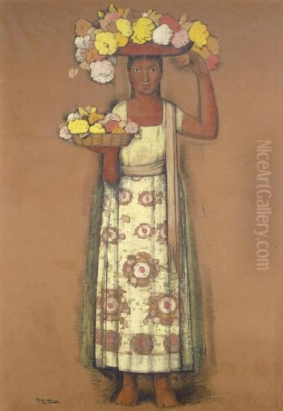 Untitled (woman With Flowers) Oil Painting by Alfredo Ramos Martinez