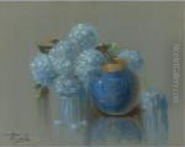 Florero De Cristal Esmaltado Con Hortensias Oil Painting by Alfredo Ramos Martinez