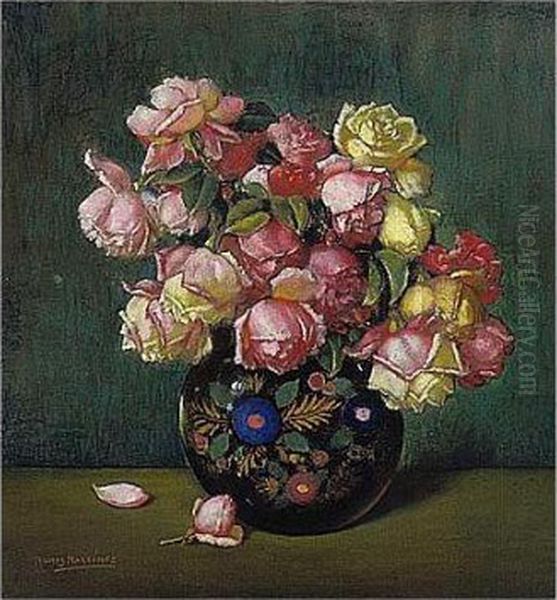 Rosas En Florero Negro Oil Painting by Alfredo Ramos Martinez