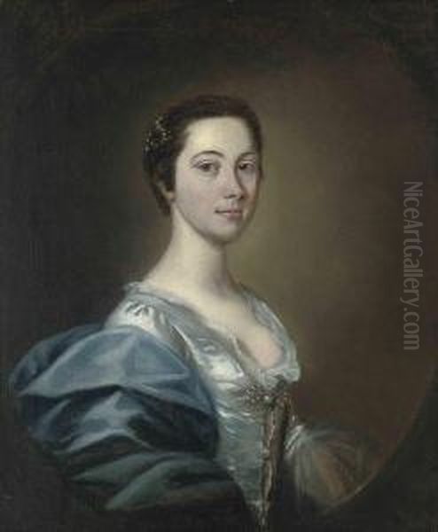 Portrait Of A Lady, Half-length,
 In An Oyster Satin Dress Withpearl Ornaments And A Blue Wrap Oil Painting by Allan Ramsay