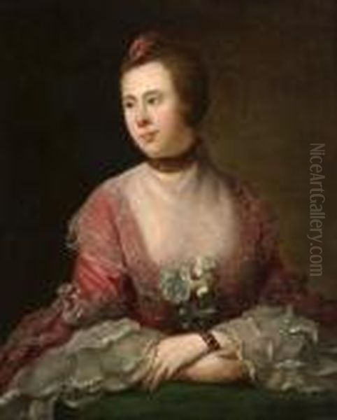 A Portrait Of A Lady Seated, Half-length, In Apink Dress With White Lace Oil Painting by Allan Ramsay