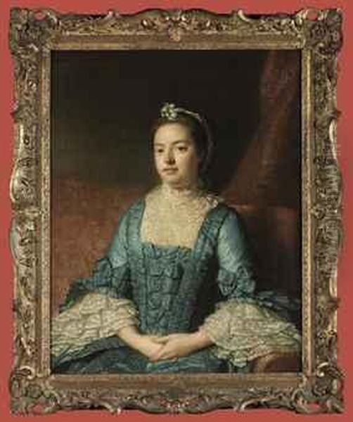 Portrait Of Sarah Verney (b. 
C.1733), Half-length, In A Blue Dresswith Bows, With A Lace Bodice And 
Cuffs, Seated On A Red Sofa, Adraped Curtain Beyond Oil Painting by Allan Ramsay