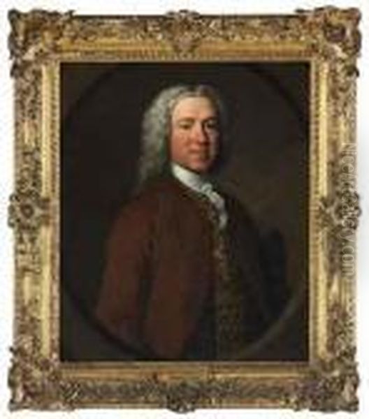 Portrait Of Richard Powney, 
D.c.l (b. C.1702), Half-length, In Abrown Coat, Gold-emroidered 
Waistcoat And White Stock, With Atricorne Hat Under His Arm, In In A 
Sculpted Cartouche Oil Painting by Allan Ramsay