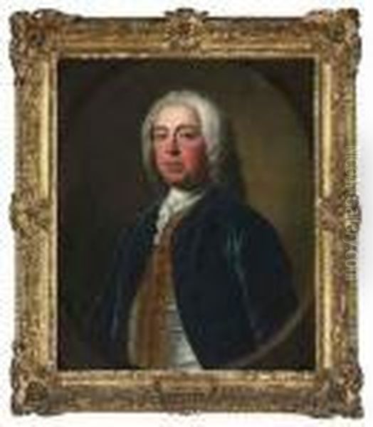 Portrait Of Penistone Powney, 
M.p. (c. 1699-1757), Of Ives Place,middlesex, Half-length, In A Blue 
Velvet Coat, With Agold-embroidered Waistcoat And A White Stock Oil Painting by Allan Ramsay