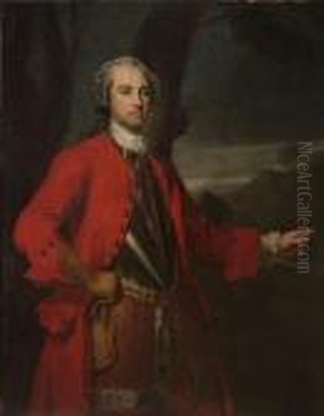 Portrait Of An Officer, Possibly Major William
Caulfeild, Three-quarter-length, Wearing A Red Overcoat, A Cuirasse
And A Small Sword, Pointing To A Torrent In A Highland Glen Oil Painting by Allan Ramsay