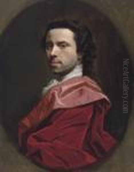 Self-portrait, Bust-length, In A Red Mantle, In A Feignedoval Oil Painting by Allan Ramsay