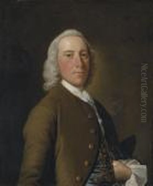 Portrait Of A Gentleman, 
Traditionally Identified As Mr Dunn,half-length, In A Brown Coat And 
Blue Embroidered Waistcoat Oil Painting by Allan Ramsay