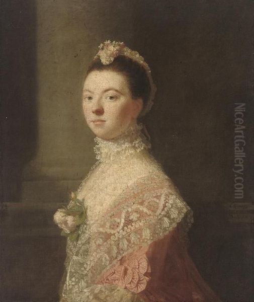 Portrait Of Anne, Lady North (c.
 1740-1797), Wife Of Fredericknorth, 2nd Baron North, 
Three-quarter-length, In A Pink Dress Andlace Shawl With Roses At Her 
Decolletage, And A Lace Headdress, Bya Column Oil Painting by Allan Ramsay