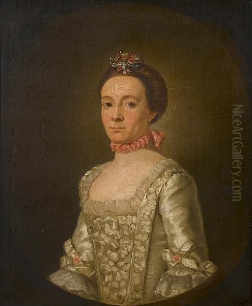 Portrait Of A Lady, Said To Be 
Jean Chanceller, Bust-length, In A White Dress With A Pink Ribbon Around
 Her Neck And Flowers In Her Hair, In A Painted Oval Oil Painting by Allan Ramsay