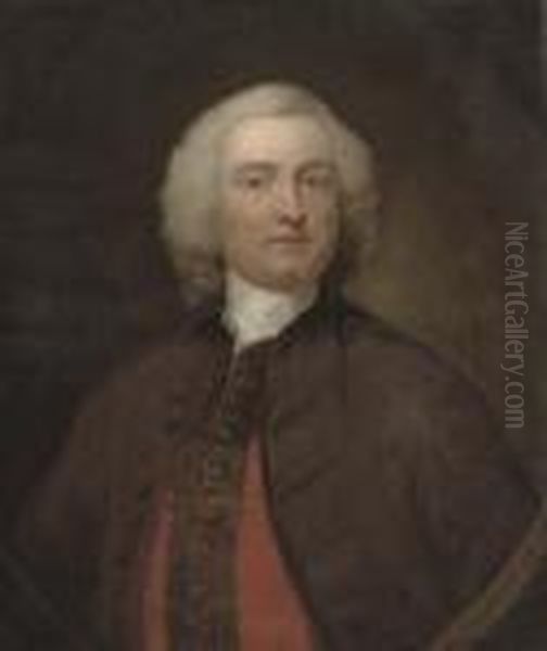 Portrait Of A Gentleman 
Traditionally Identified As Sir John Campbell, 4th Duke Of Argyll 
(c.1693-1770), Half-length, In A Brown Coat And Red Waistcoat, Feigned 
Oval Oil Painting by Allan Ramsay