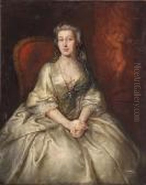 A Portrait Of A Lady, Three-quarter-length, Seated, In A White Dress Oil Painting by Allan Ramsay