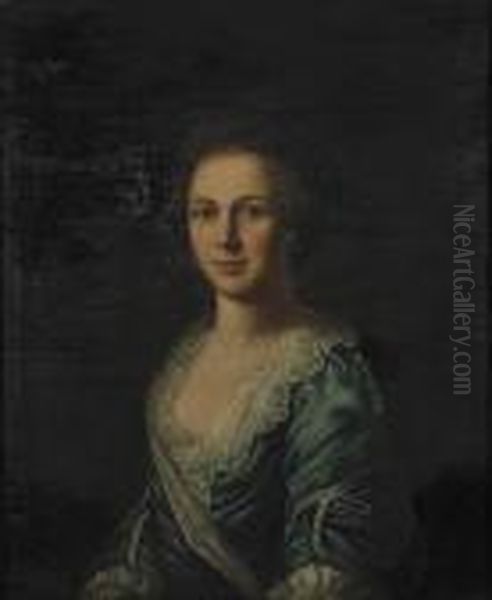 A Portrait Of A Lady, Half-length, Wearing A Blue Dress Oil Painting by Allan Ramsay