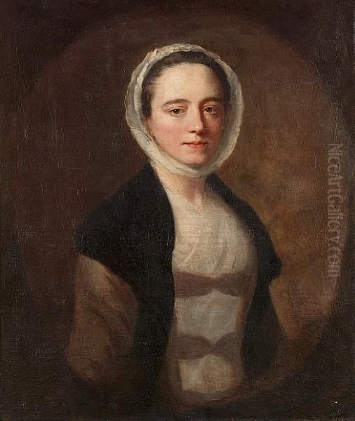 Portrait Of A Lady, Half-length, In A Brown And White Dress With A White Lace Cap Oil Painting by Allan Ramsay