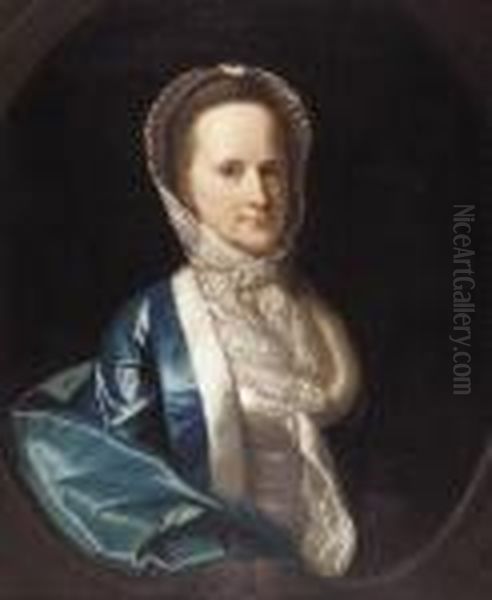 Half Length Portrait Of A Lady In Fur-lined Blue Dress Oil Painting by Allan Ramsay