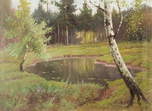 Small Wood Lake Oil Painting by Jozef Rapacki