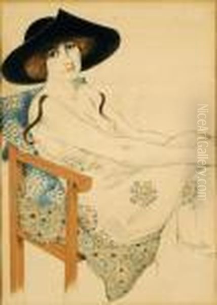 Jeune Femme Assise, Au Chapeau Noir Oil Painting by Armand Rassenfosse