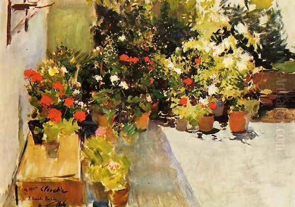 A Rooftop with Flowers Oil Painting by Joaquin Sorolla Y Bastida