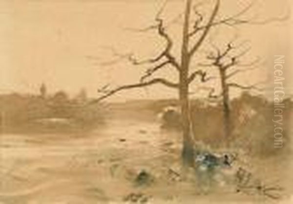 Etude D'arbres Dans Les Marais, Pres De Morestel Oil Painting by Francois Auguste Ravier