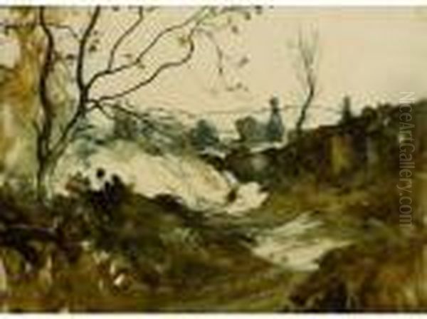 Paysage Aux Deux Arbres. Oil Painting by Francois Auguste Ravier