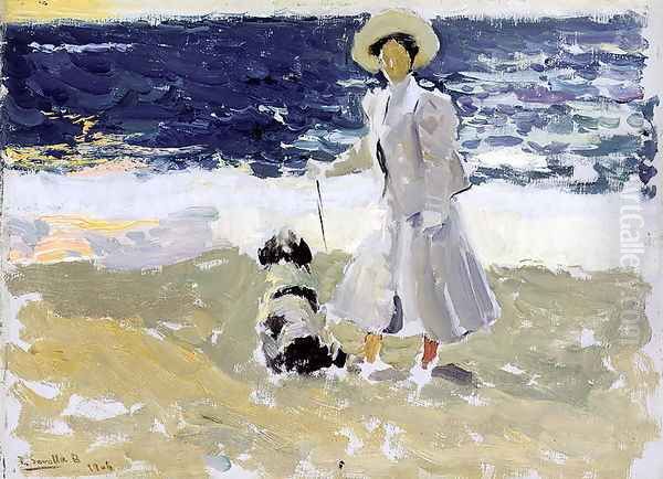 Lady and Dog on the Beach, 1906 Oil Painting by Joaquin Sorolla Y Bastida