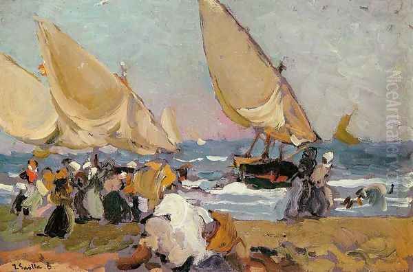 Sailing Vessels on a Breezy Day, Valencia Oil Painting by Joaquin Sorolla Y Bastida