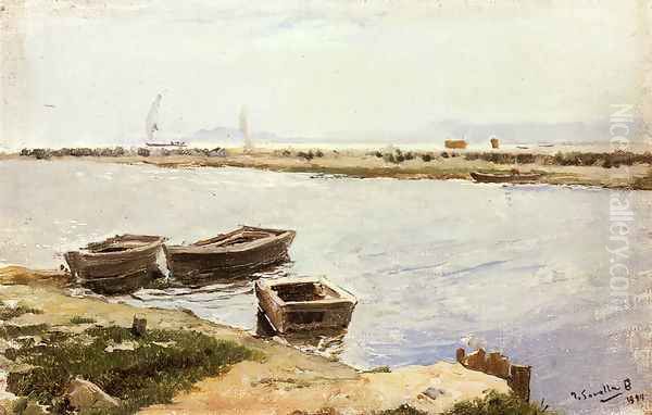 Three Boats By A Shore Oil Painting by Joaquin Sorolla Y Bastida