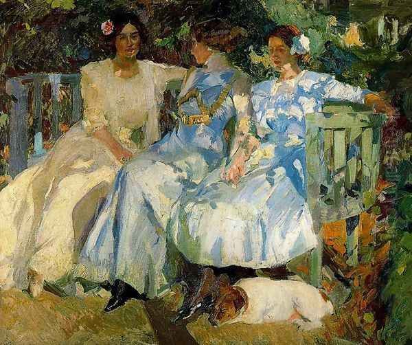 My wife and my daughters in the garden Oil Painting by Joaquin Sorolla Y Bastida