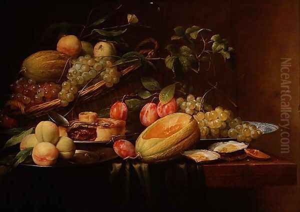 Still Life of Fruit, Oysters and a Pie Oil Painting by Joris Van Son