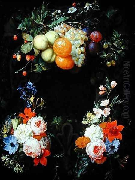 Oranges, peaches, grapes, plums, strawberries, raspberries and other fruit with roses, honeysuckle and other flowers Oil Painting by Joris Van Son