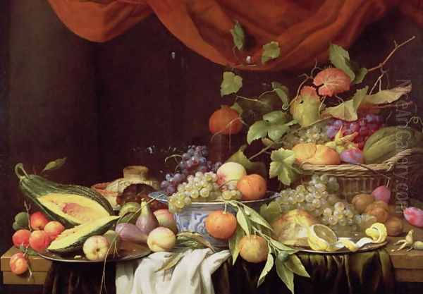 A Still Life of Fruit on a Draped Ledge Oil Painting by Joris Van Son