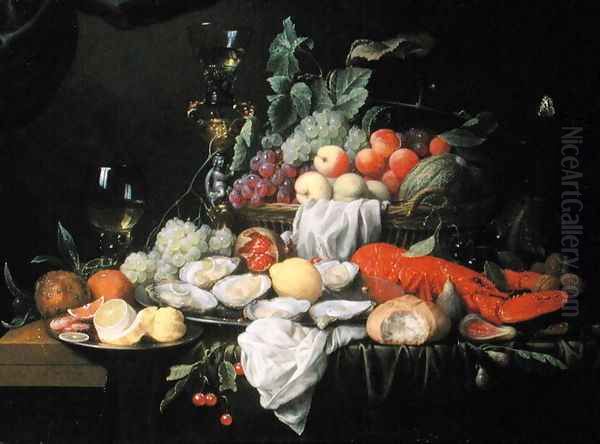 Still Life with Lemon, Oysters, Lobster and Fruit, 1658 Oil Painting by Joris Van Son