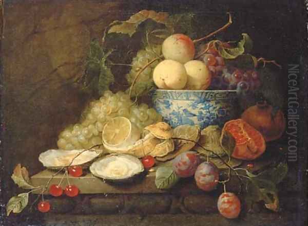 Oysters, plums, cherries, grapes, a lemon and a pomegranate on a stone ledge, with peaches and grapes Oil Painting by Joris Van Son