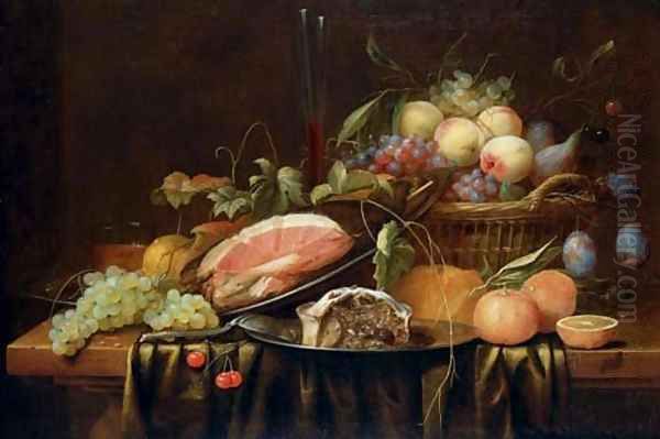 Ham and a sweetmeat pie on pewter plates, peaches, grapes, figs and plums in a basket, a bread roll, oranges, a sprig of cherries, a bunch of grapes Oil Painting by Joris Van Son