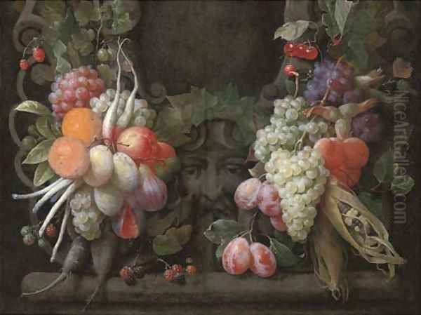 Grapes, gooseberries, blackberries, figs, oranges, plums, radishes, asparagus, maize, cherries and other fruits surrounding a stone cartouche Oil Painting by Joris Van Son