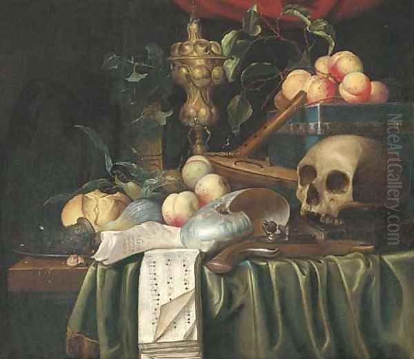 A vanitas still-life with a skull, a pistol, a lute with broken strings, a flute, shells, peaches, figs, bread and an urn on a partly draped ledge Oil Painting by Joris Van Son