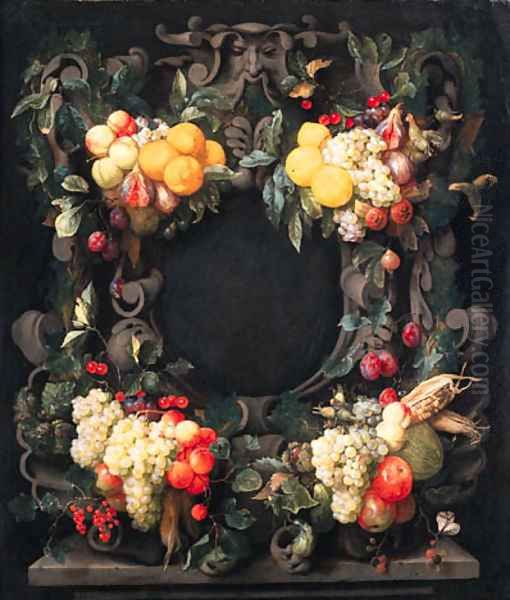 Clusters of oranges, lemons, pears, grapes, figs and other fruit, corncobs and nuts decorating a stone cartouche Oil Painting by Joris Van Son