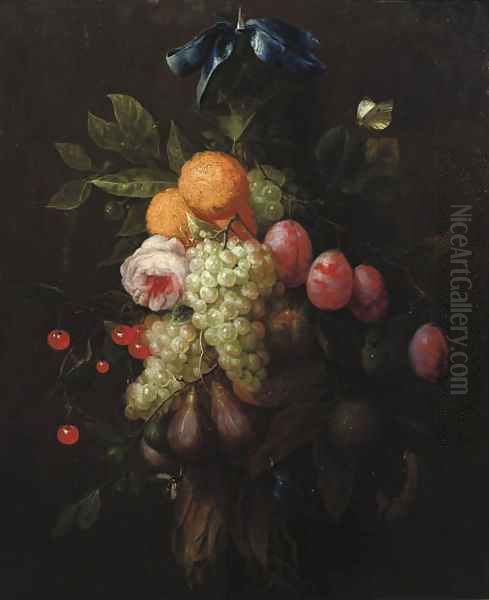 Oranges, prunes, cherries, figs, grapes, and a rose hanging from a blue ribbon tied to a nail, with a butterfly and other insects nearby Oil Painting by Joris Van Son