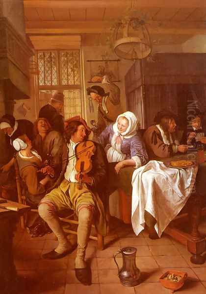 Inn with Violinist and Card Players 1665-68 Oil Painting by Jan Steen