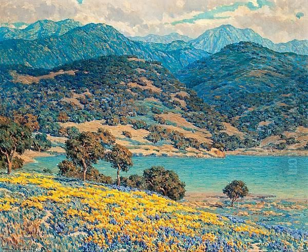 Poppies And Lupine By A Lake With Mountains In The Distance Oil Painting by Granville Redmond