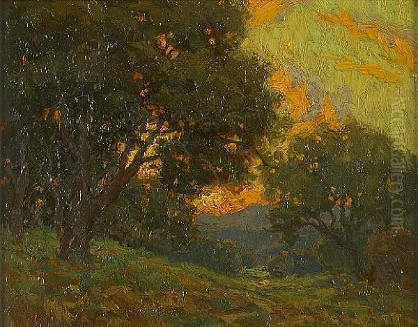 Sunset Beyond The Trees Oil Painting by Granville Redmond