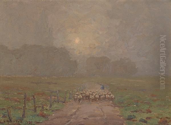 Shepherd Herding Sheep In A Misty Landscape Oil Painting by Granville Redmond